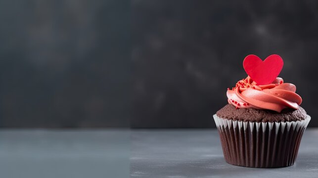 A cupcake with a heart-shaped decoration. Web banner with copy space. Generative AI