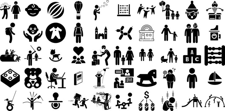 Huge Set Of Children Icons Pack Isolated Design Glyphs People, Silhouette, Set, Person Elements Isolated On White Background