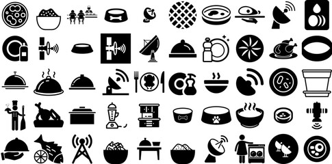Big Set Of Dish Icons Bundle Isolated Infographic Silhouette Dish, Cooked, Tool, Icon Pictograms Isolated On White Background - obrazy, fototapety, plakaty