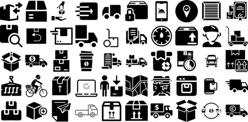 Huge Collection Of Delivery Icons Bundle Hand-Drawn Isolated Design Glyphs Global, Set, Rapid, Carousel Elements Isolated On White