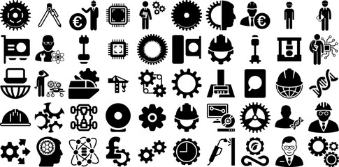 Massive Set Of Engineering Icons Pack Hand-Drawn Linear Concept Elements Tool, Manufacturing, Construction, Icon Symbols Isolated On Transparent Background
