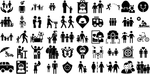 Huge Collection Of Family Icons Set Black Design Clip Art Icon, Health, Team, Profile Silhouette Vector Illustration - obrazy, fototapety, plakaty