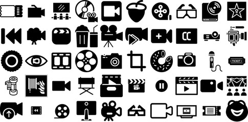 Big Set Of Film Icons Bundle Solid Design Glyphs Symbol, Icon, Entertainment, Cinema Graphic Isolated On White Background
