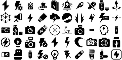 Big Set Of Flash Icons Set Black Simple Silhouette Lighting, Electricity, Icon, Shiny Silhouettes Isolated On White