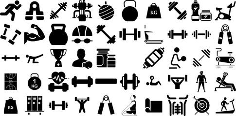 Massive Collection Of Gym Icons Pack Hand-Drawn Linear Infographic Pictograms Wellness, Icon, Shoe, Health Elements Isolated On White Background - obrazy, fototapety, plakaty