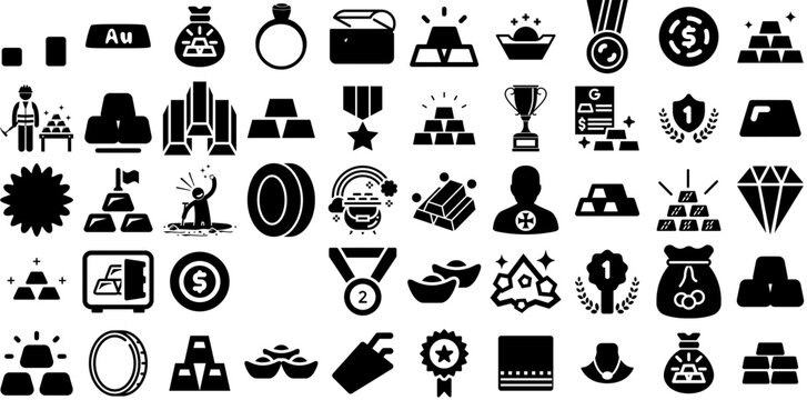 Huge Collection Of Gold Icons Pack Black Design Clip Art Coin, Icon, Victory, Silhouette Signs Isolated On White Background
