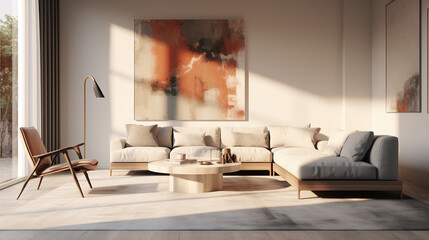 Stylish Living Room Interior with an Abstract Frame Poster, Modern interior design, 3D render, 3D illustration