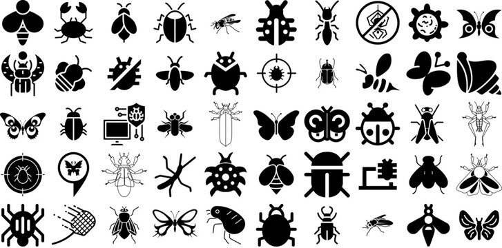 Huge Set Of Insect Icons Bundle Hand-Drawn Black Simple Elements Bug, Unhygienic, Pest, Icon Clip Art Isolated On Transparent Background