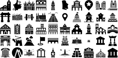 Huge Set Of Landmark Icons Pack Black Vector Elements Silhouette, Icon, Way, Us Pictograms Vector Illustration