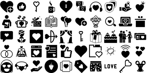 Mega Set Of Love Icons Collection Hand-Drawn Isolated Modern Pictogram Find, Three-Dimensional, Health, Set Silhouette Isolated On Transparent Background