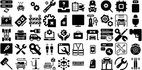 Big Collection Of Maintenance Icons Bundle Linear Cartoon Silhouette Wrench, Setting, Icon, Symbol Pictograms Isolated On White
