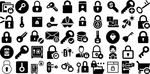 Big Collection Of Lock Icons Set Solid Vector Signs Icon, Open, Lock, Symbol Clip Art Isolated On White