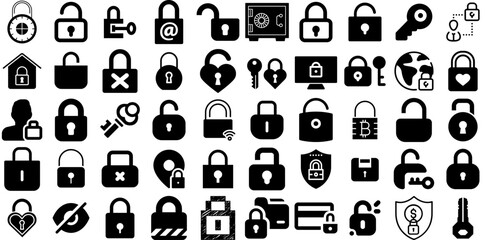 Huge Set Of Padlock Icons Bundle Hand-Drawn Isolated Infographic Pictogram Security, Open, Mark, Icon Silhouettes Isolated On White