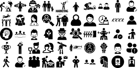 Huge Set Of People Icons Set Linear Cartoon Clip Art Counseling, Profile, People, Silhouette Doodles Isolated On Transparent Background