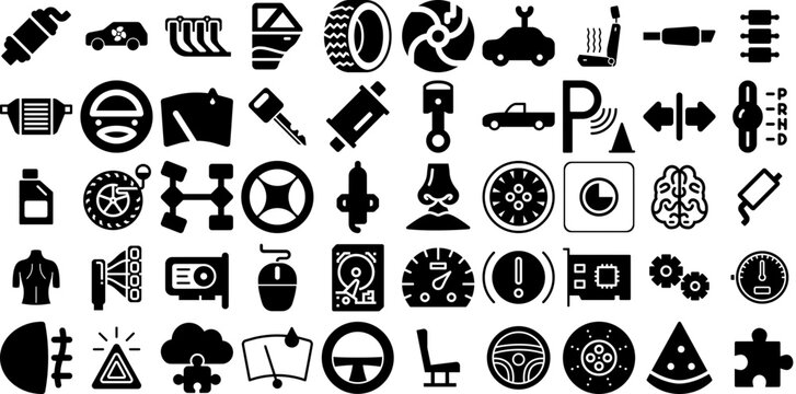 Huge Set Of Part Icons Collection Hand-Drawn Solid Design Symbols Service, Set, Chips, Icon Glyphs Vector Illustration