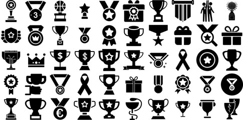 Huge Set Of Prize Icons Bundle Hand-Drawn Linear Infographic Signs Rugby, Rank, Gambling, Wheel Symbol For Apps And Websites