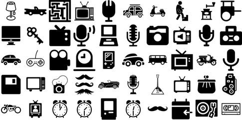 Massive Set Of Retro Icons Set Hand-Drawn Black Design Clip Art Audio, Icon, Camcorder, Symbol Buttons For Computer And Mobile