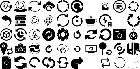 Big Collection Of Refresh Icons Pack Hand-Drawn Solid Infographic Silhouettes Rewind, Refresh, Symbol, Icon Silhouettes For Apps And Websites