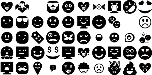Huge Set Of Smiley Icons Collection Flat Infographic Clip Art Icon, Chat, Fun, Symbol Signs Isolated On White Background