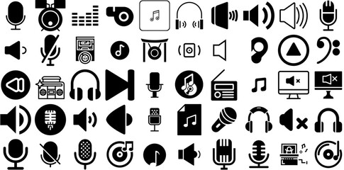 Massive Set Of Sound Icons Pack Flat Cartoon Symbols Icon, Glyphs, Symbol, Speaker Elements Isolated On Transparent Background