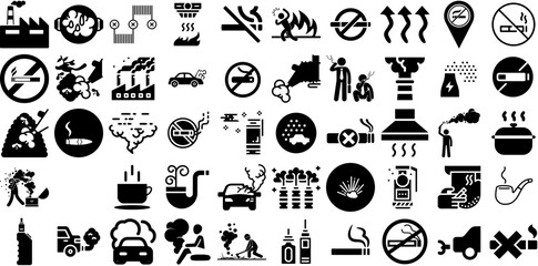 Huge Set Of Smoke Icons Set Flat Cartoon Silhouette Contamination, Symbol, Sensor, Icon Elements Vector Illustration