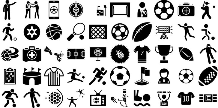 Huge Collection Of Soccer Icons Collection Isolated Concept Clip Art Team, Futsal, Icon, Set Buttons Vector Illustration