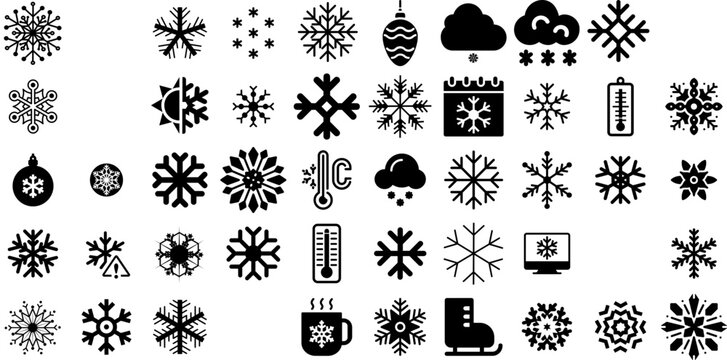 Mega Set Of Snowflake Icons Collection Solid Drawing Silhouette Snowflake, Icon, Symbol, Wind Glyphs Isolated On Transparent Background