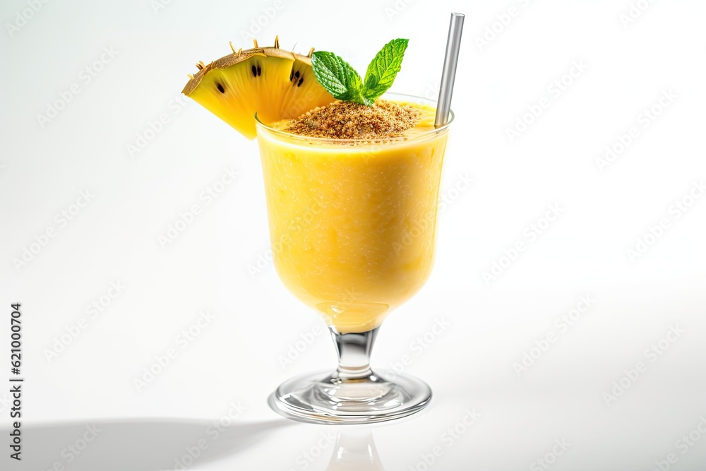 Poster Mango, pineapple, and passion fruit smoothie in a glass with a straw and garnish on a white backdrop.