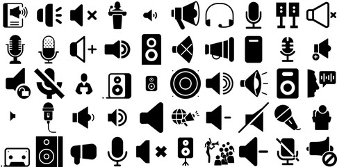 Big Set Of Speaker Icons Bundle Black Modern Silhouette Distribution, Glyphs, Symbol, Icon Buttons Vector Illustration - obrazy, fototapety, plakaty