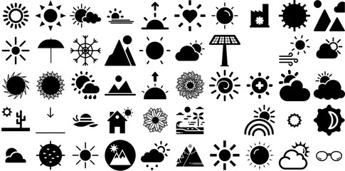Big Collection Of Sun Icons Bundle Hand-Drawn Black Modern Symbol Hand-Drawn, Set, Sweet, Mark Logotype Isolated On White Background - obrazy, fototapety, plakaty