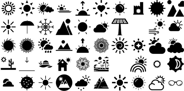 Big Collection Of Sun Icons Bundle Hand-Drawn Black Modern Symbol Hand-Drawn, Set, Sweet, Mark Logotype Isolated On White Background