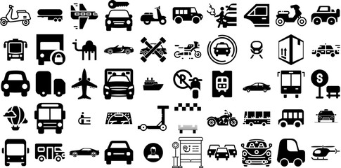 Mega Collection Of Transportation Icons Bundle Hand-Drawn Linear Cartoon Glyphs Bus, Global, Funicular, Set Clip Art Isolated On White Background