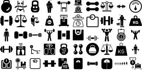 Massive Set Of Weight Icons Set Black Design Silhouettes Overweight, Measurement, Icon, Heavy Doodles For Apps And Websites