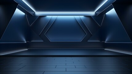 Empty geometrical Room in Navy Blue Colors with beautiful Lighting. Futuristic Background for Product Presentation.