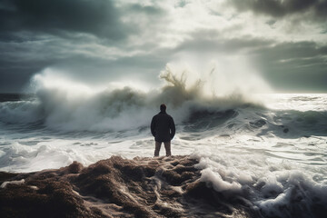 Despondent man standing on rocks next to turbulent waves. Generative AI.