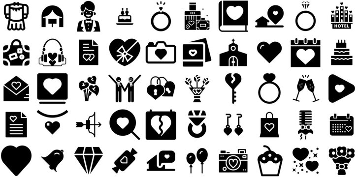 Massive Set Of Wedding Icons Collection Black Modern Signs Photo Camera, Festival, Pastor, Icon Illustration For Apps And Websites