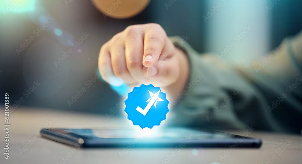 Poster Closeup, hand and hologram with a tablet, icon and social media with 3d, network and connection. Technology, holographic and big data with website information, innovation and programming with a like