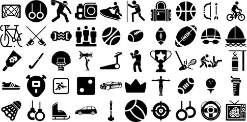 Massive Collection Of Sport Icons Collection Hand-Drawn Linear Drawing Glyphs Tool, Court, Silhouette, Health Symbol Isolated On Transparent Background
