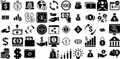 Huge Collection Of Dollar Icons Pack Solid Vector Web Icon Finance, Cheap, Coin, Icon Symbols Isolated On Transparent Background