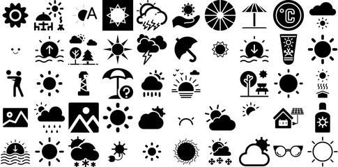 Massive Set Of Sun Icons Collection Black Design Web Icon Hand-Drawn, Mark, Set, Sweet Silhouettes Isolated On Transparent Background - obrazy, fototapety, plakaty