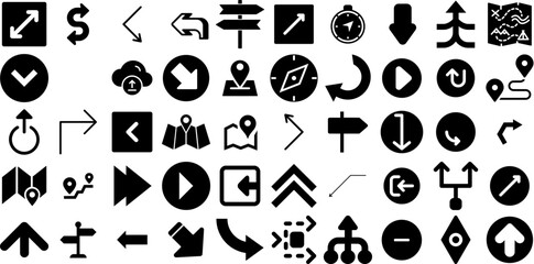Big Set Of Direction Icons Pack Hand-Drawn Black Concept Web Icon Symbol, Renewal, Icon, Way Elements Isolated On Transparent Background