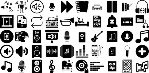 Big Collection Of Music Icons Collection Solid Infographic Glyphs Tool, Speaker, Entertainment, Singer Symbols For Computer And Mobile - obrazy, fototapety, plakaty