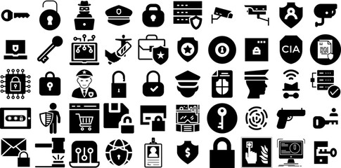 Mega Set Of Security Icons Collection Solid Design Elements Person, Tool, Mark, Set Elements Vector Illustration