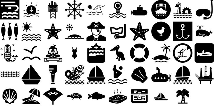 Huge Collection Of Sea Icons Bundle Linear Cartoon Pictogram Creature, Icon, Tortoise, Anchor Symbol Isolated On Transparent Background