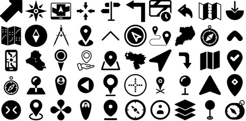 Big Set Of Navigation Icons Pack Solid Simple Silhouette Symbol, Icon, Option, Pointer Logotype Isolated On White Background