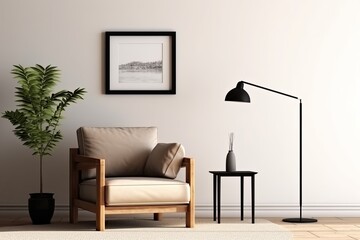 A faux poster frame, a modern light, a brown creative armchair, and a black console nicely embellish the living space. Blank copy space. Template
