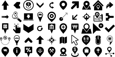 Massive Set Of Pointer Icons Collection Hand-Drawn Solid Design Pictograms Three-Dimensional, Icon, Distance, Interface Buttons Isolated On White Background