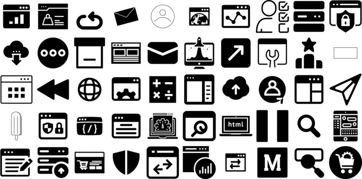 Huge Set Of Website Icons Bundle Flat Cartoon Silhouette Browser, App, Line, Set Element Isolated On White
