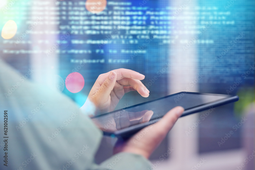 Poster Woman, hands and tablet with coding overlay in digital transformation, software or hardware development. Hand of female person, coder or developer with technology or data analytics in double exposure