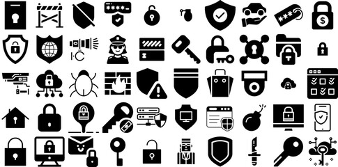 Huge Set Of Security Icons Pack Hand-Drawn Solid Drawing Web Icon Mark, Tool, Set, Person Silhouettes For Computer And Mobile